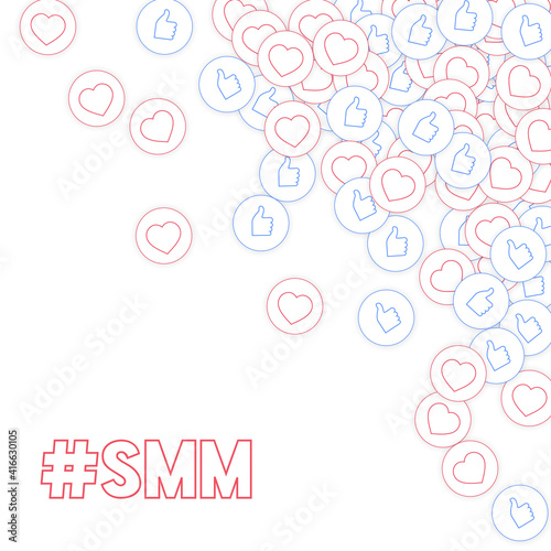 Social media icons. Social media marketing concept. Falling scattered thumbs up hearts. Scattered to
