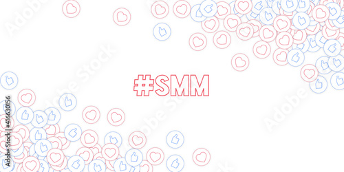 Social media icons. Social media marketing concept. Falling scattered thumbs up hearts. Wide corners