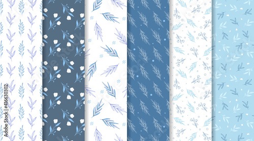 Beautiful flower and leaves seamless pattern collection set