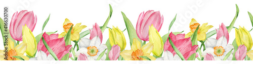 Watercolor seamless border of pink and yellow tulips and daffodils. Easter floral border.