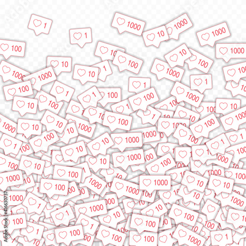Social media icons. Social media overload concept. Falling pink like counter. Splendid bottom gradie