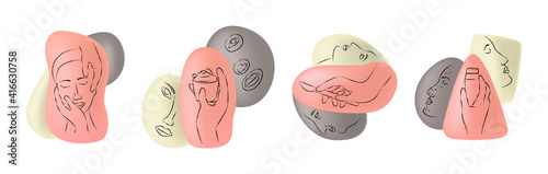 Vector illustration set, collection of abstract icons with concept of cosmetic procedures, treatment dermatological diseases, rejuvenation, plastic surgery. Mixed linear style with 3D.