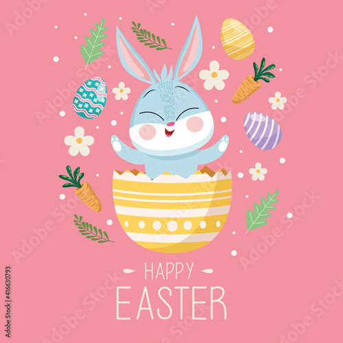 happy easter lettering card with cute rabbit in egg painted
