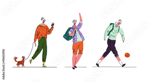 Vector illustration with set, collection characters of young men walking with dog on walk, looking at phone, greeting, kicking ball. Concept everyday life, activity.