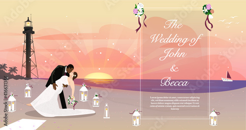 romantic beach wedding sunset couple vector illustration.