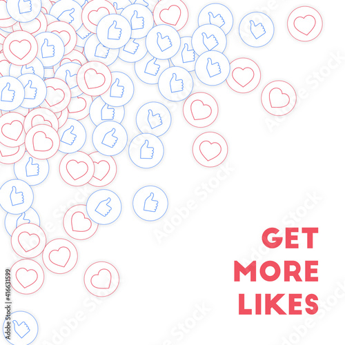 Social media icons. Social media marketing concept. Falling scattered thumbs up hearts. Scattered to