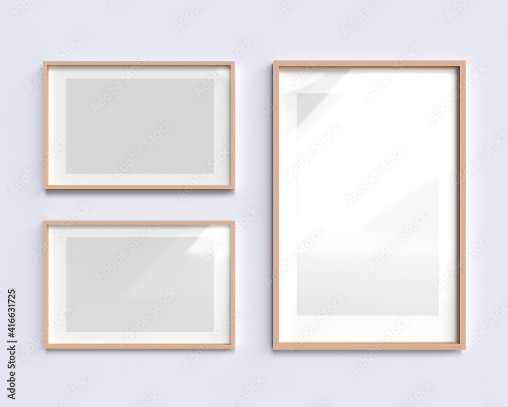 3D Render mockup of tree vertical and horizontal wooden empty frame with white paper border inside and gray space on bright purple wall. Border template creative project concept with sunlight