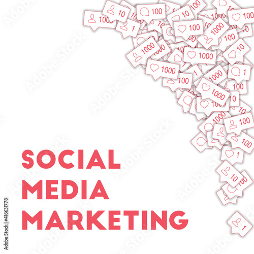 Social media icons. Social media marketing concept. Falling counter comment friend notification. Top