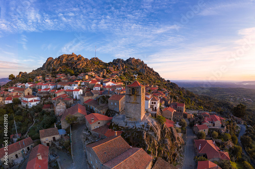 Drone aerial panorama view of Monsanto historic village at sunset, in Portugal photo