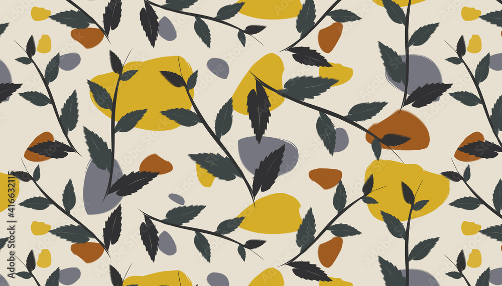 Seamless pattern, black, gray leaves on a light gray background with abstract elements. Seamless pattern, black, gray leaves on a light gray background with abstract elements.