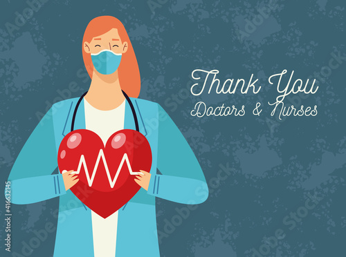 thank you doctors and nurses lettering with doctor female lifting heart cardio