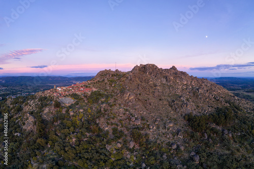 Konstfotografi Drone aerial panorama view of Monsanto historic village at sunset, in Portugal