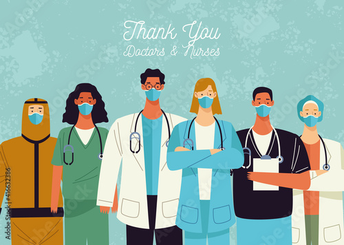 thank you doctors and nurses lettering with interracial group of doctors