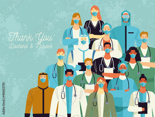 thank you doctors and nurses lettering and interracial medical staff