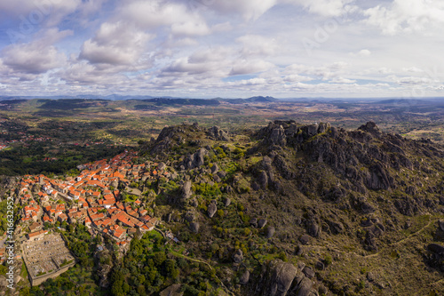 Drone aerial panorama view of Monsanto historic village, in Portugal