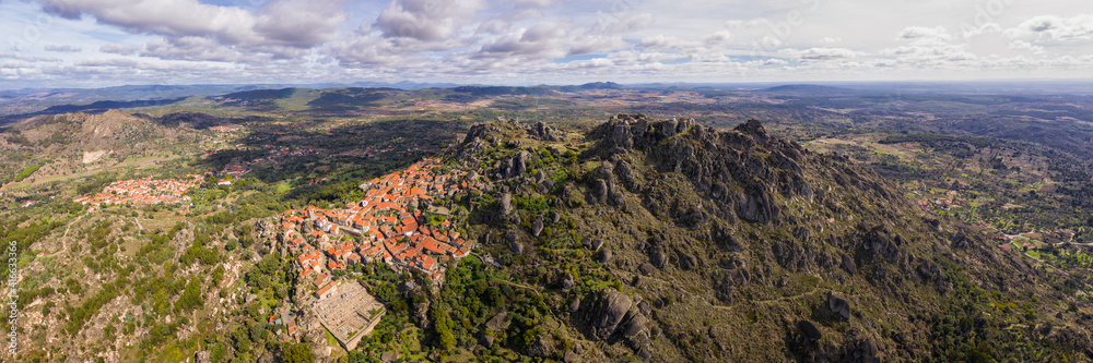 Drone aerial panorama view of Monsanto historic village, in Portugal