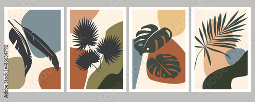 Abstract art of tropical leaves on a background of various simple shapes. Botanical natural compositions for posters, postcards, banners, paintings on the wall. Vector graphics