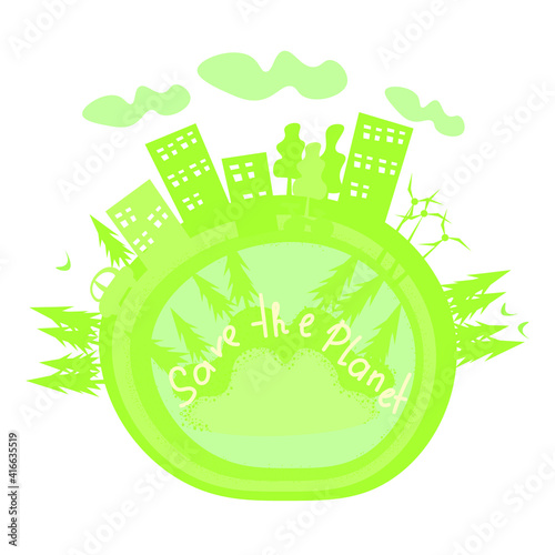 Green eco-friendly city with wind turbines.