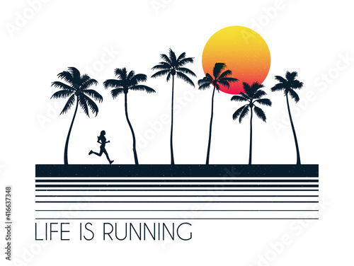 Girl running on palm beach. Female runner silhouette. Jogging woman