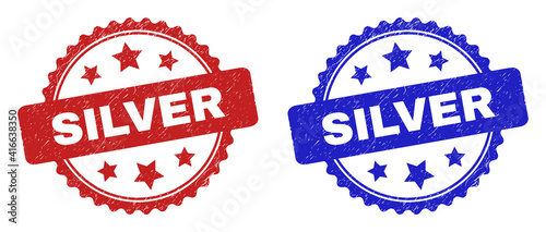 Rosette SILVER seal stamps. Flat vector scratched seal stamps with SILVER message inside rosette with stars, in blue and red color versions. Rubber imitations with scratched texture.