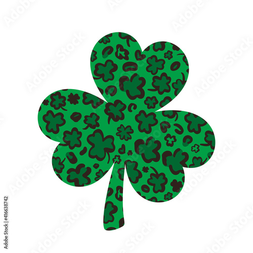 Shamrock clover leaf made of Leopard or jaguar print. Saint Patricks Day symbol. Vector template for St. Patrick s Day banner, poster, greeting card, flyer, sticker, postcard