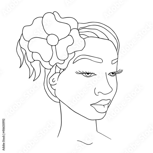 Abstract woman face one line drawing. Portrait minimalistic style. Modern abstract face black line on white isolated. Minimalism concept of african women face, long hear. Face line art drawing style