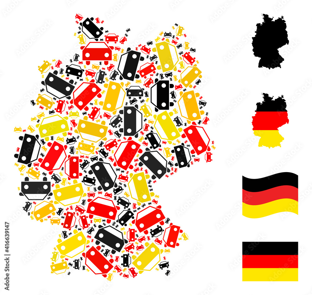 Obraz premium German map mosaic in German flag official colors - red, yellow, black. Vector car icons are combined into conceptual German map illustration. Patriotic collage combined of flat car elements.