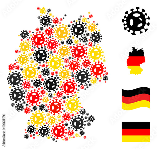 Germany state map mosaic in German flag official colors - red, yellow, black. Vector virus design elements are arranged into mosaic German map mosaic.
