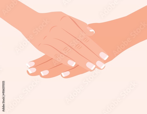 Manicured hands. Female hands with french manicure. Closeup of hands of young woman with elegance manicure, two hands white nail polish. Vector illustration isolated on white background