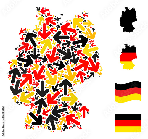 German geographic map mosaic in German flag official colors - red, yellow, black. Vector direction arrow design elements are organized into mosaic German map abstraction.