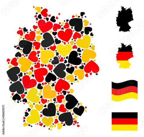 Germany geographic map mosaic in Germany flag official colors - red, yellow, black. Vector love heart icons are formed into mosaic Germany map composition.