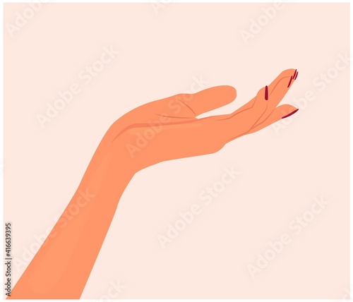 Red nail polish manicured hand. Side view of empty handful. Woman's hand stretching palm up. Cosmetic care for hands Female hand open palm for holding or showing something Vector illustration isolated