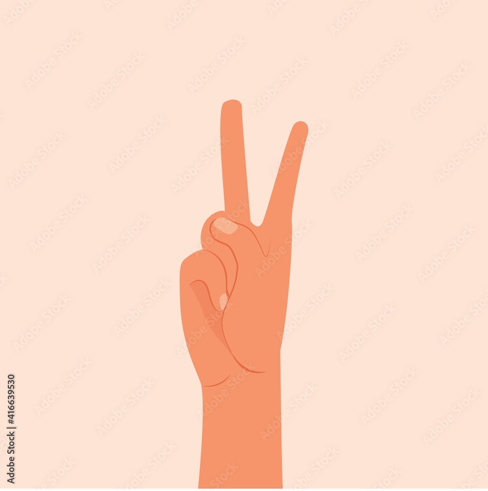 Hand showing two fingers vector illustration. Shows the number two with the fingers of the hand. Woman or man hand isolated white background. Fingers raised up. inside of the hand, flat modern design