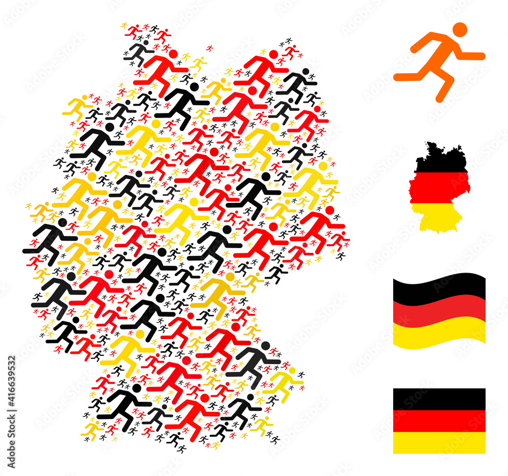 German geographic map mosaic in German flag official colors - red, yellow, black. Vector running man items are united into mosaic Germany map mosaic.