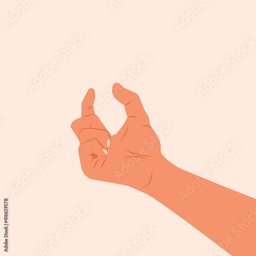 Hand making gesture while showing small amount of something isolated. side view, close-up, hand showing or holding something. hand measuring invisible items modern vector illustration. flat design
