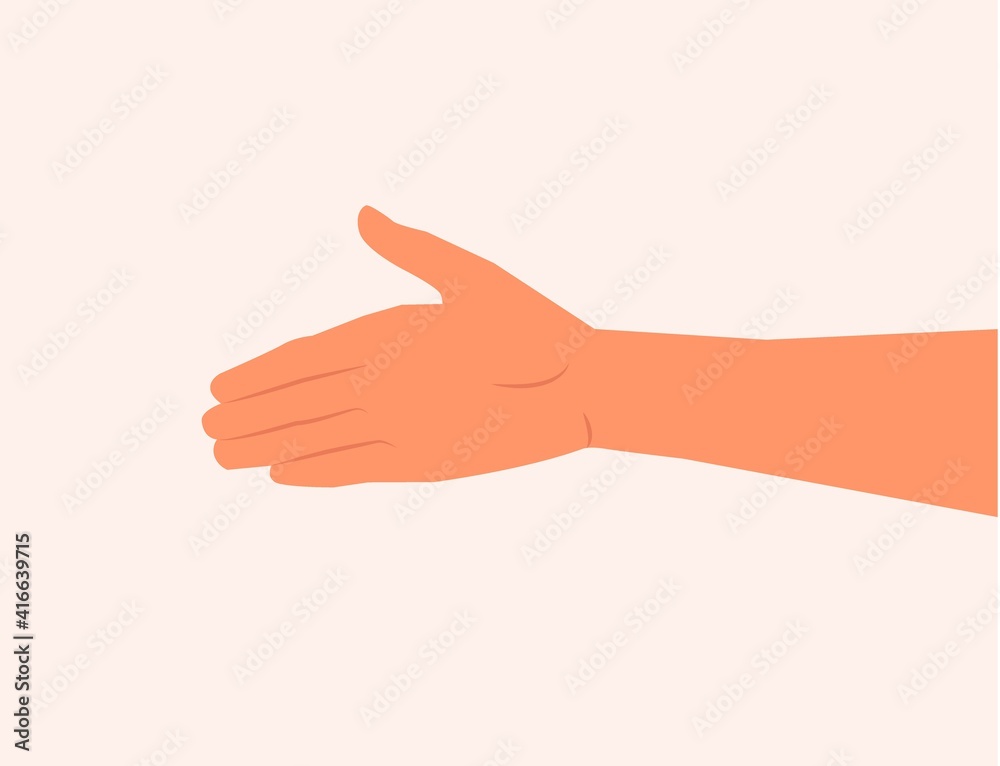 Shaking. Agreement. Greet each other. Extend the hand vector illustration. One hand gesture. handshake. Helping each other. Meet by hand flat design. Meeting, partnership, friendship, give a hand