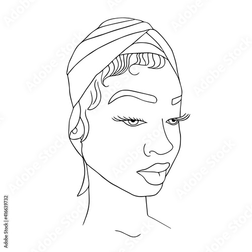 Abstract woman face in turban one line drawing. Portrait minimalistic style. Modern abstract face black line on white isolated. Minimalism concept of african women face, long hear. Face line art