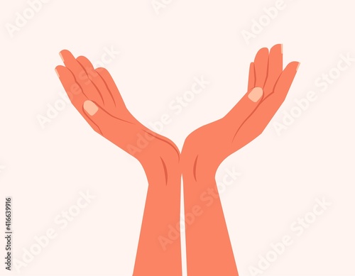 Two hands showing or holding something. Female or male open hands up. Two hands reaching out for help. Isolated Vector illustration. Opening empty handful and lifting them up for help