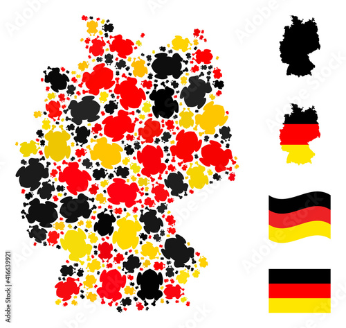 Germany state map mosaic in German flag official colors - red, yellow, black. Vector fried chicken body icons are organized into mosaic Germany map abstraction.