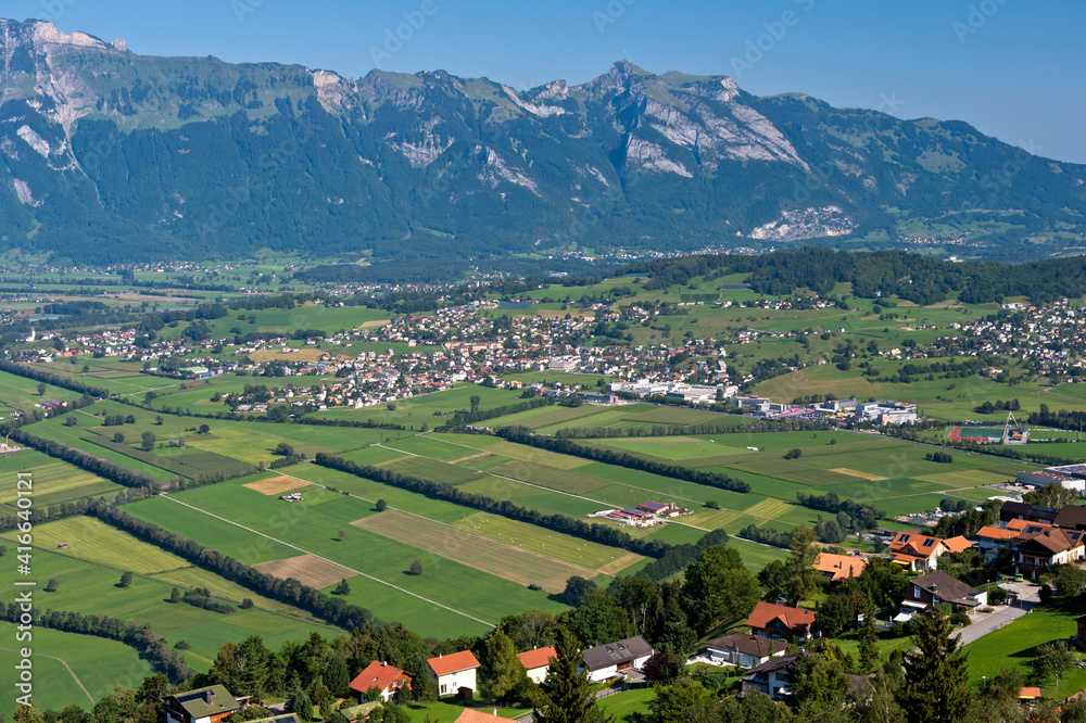 View From Planken Across The Rhine Valley To The Alpstein Mountain Range, Principality Of Liechtenstein