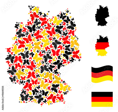 German state map mosaic in German flag official colors - red, yellow, black. Vector butterfly items are grouped into stylized German map composition.