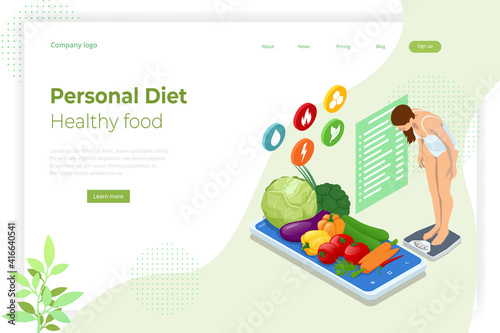Isometric Healthy food and Diet planning concept. Healthy eating, personal diet or nutrition plan from dieting expert. Nutrition consulting, diet plan