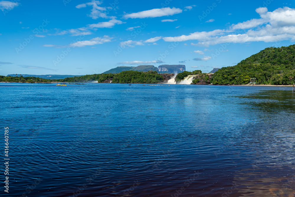 View of waterfalls falling on the lagoon in Canaima National Park (Bolivar, Venezuela).