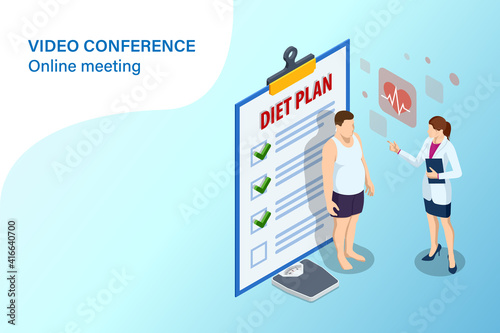 Isometric Healthy food and Diet planning concept. Healthy eating, personal diet or nutrition plan from dieting expert. Nutrition consulting, diet plan. Excess weight