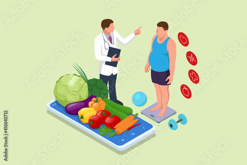 Isometric Healthy food and Diet planning concept. Healthy eating, personal diet or nutrition plan from dieting expert. Nutrition consulting, diet plan. Excess weight