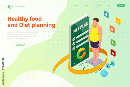 Isometric Healthy food and Diet planning concept. Healthy eating, personal diet or nutrition plan from dieting expert. Nutrition consulting, diet plan. Excess weight