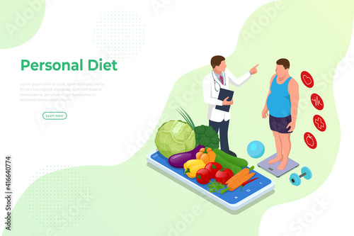 Isometric Healthy food and Diet planning concept. Healthy eating, personal diet or nutrition plan from dieting expert. Nutrition consulting, diet plan. Excess weight