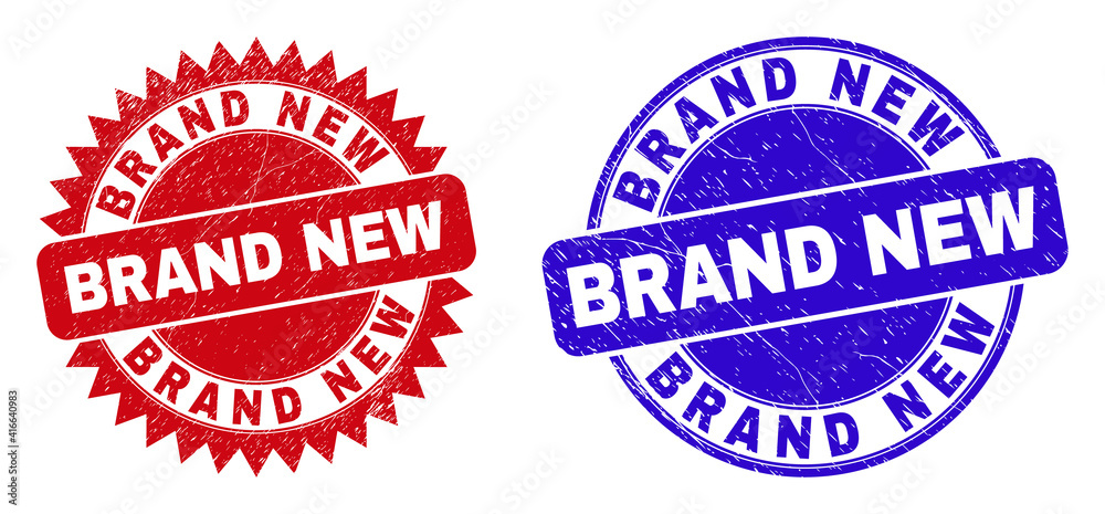 Round and rosette BRAND NEW seals. Flat vector distress stamps with BRAND NEW title inside round and sharp rosette form, in red and blue colors. Rubber imitations with distress surface,