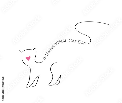 Line art cat illustration, linear drawing, cat figure designed with text International Cat Day