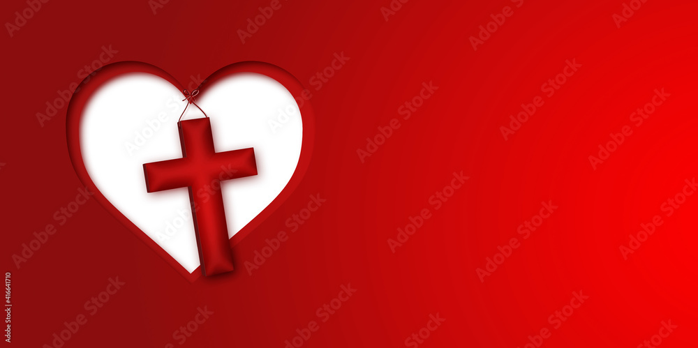 Illustration cutouts .of concentric hearts leading to a christian cross Illustration cutouts .of concentric hearts leading to a christian cross